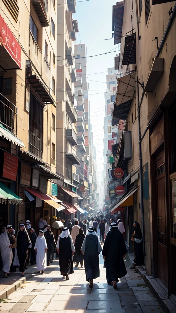 Hundreds people of arab. walking in a city