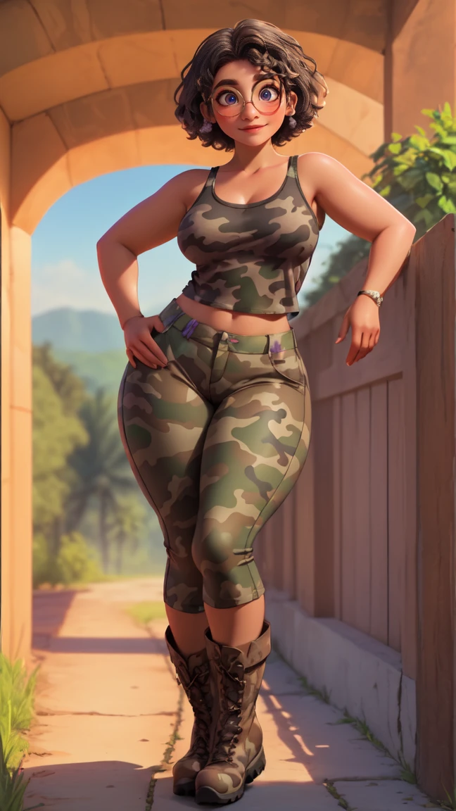 mirabel madrigal, glasses, smile, outdoors, (((wearing a black tanktop))), (((brown skin))), detailed skin, perfect legs, ((wearing camo pants)), (((wearing boots))), perfect thighs, (((curvy body))), (((full body))),