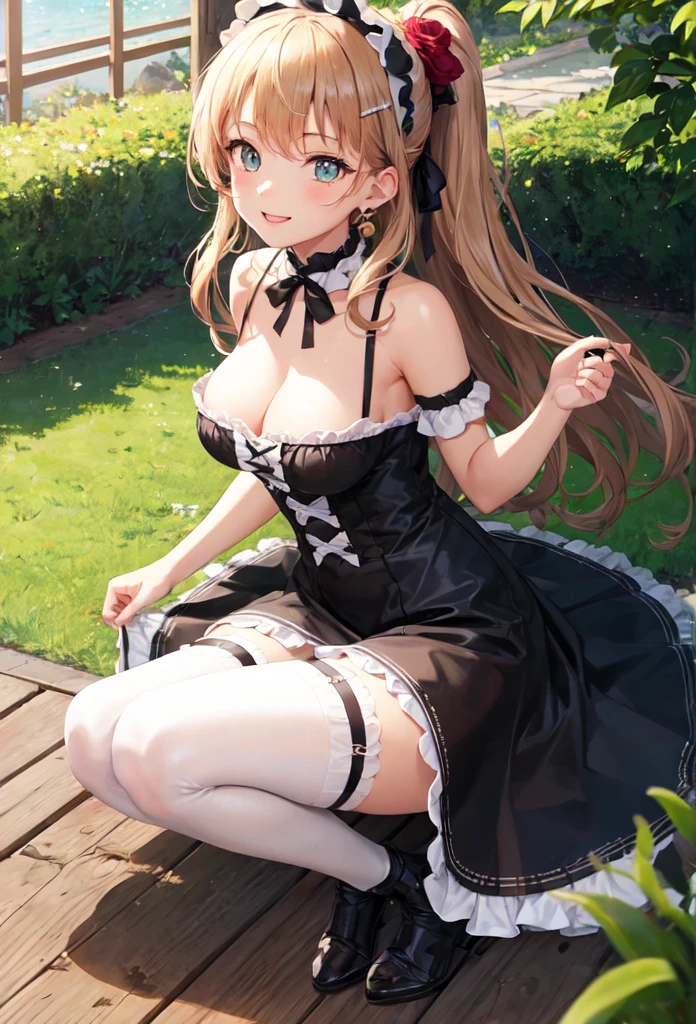 A beautiful girl in a black dress sitting on a wooden platform, anime girl, rose garden, beautiful and sunny day, black ta dress with lots of ruffles, floral print dress, short sleeve, lolihoker, low-cut chest, big round breasts, white lace thigh-high stockings, black lolita s, dark brown hair, gradient bangs, french braid, long hair, ponytail, wavy hair, swept bangs, shiny hair, hairclip, hair ribbon, hair flower, jewelry, lolita hairb aqua eyes, glowing eyes, pupils sparkling, earrings, light smile, blush, happy, red lips, slim waist, shapely legs, beautiful thighs, princess dress, short skirt, high detail, anime, dithering, image fill, perspective, Wide-Angle, f/1.8, 85mm, Sony FE GM, 8k, 8k wallpaper, super detail, highly detailed CG, UHD, retina, masterpiece, accurate, anatomically correct, textured skin, highres, best quality:1.3, 16k