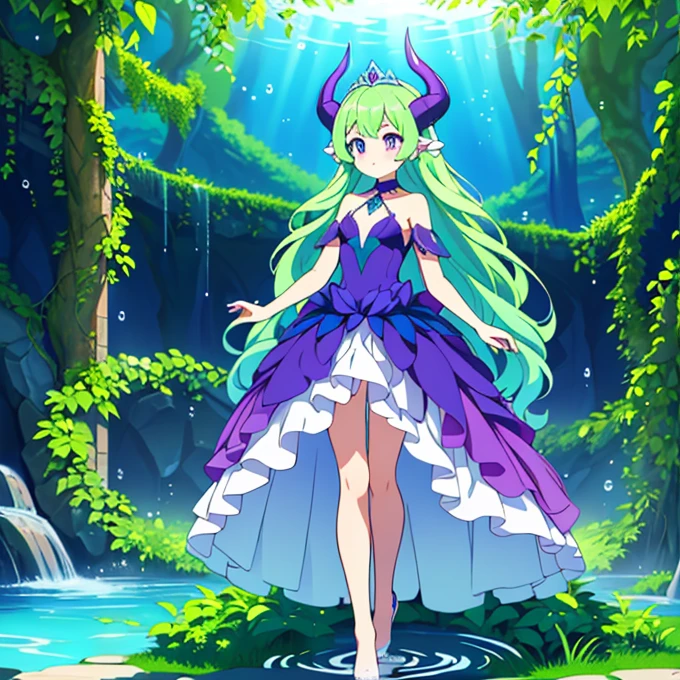 Full body, beautiful eyes , 1 girl  , full body , cute girl , anime style , cute eyes  , (standing up) , (Floralisia is a majestic, humanoid Pokémon revered as the guardian of nature and water. It has an ethereal appearance, with flowing green hair adorned with vibrant flowers and cascading vines. Its skin has a soft, dewy sheen, resembling the surface of a pristine pond at dawn. Floralisia’s eyes glow with a tranquil, azure hue, symbolizing its deep connection to the natural world.This legendary Pokémon's body is wrapped in an elegant, leafy ball gown that shimmers with droplets of water, creating a mesmerizing, iridescent effect. Floralisia’s hands and feet are delicate and vine-like, allowing it to manipulate plant life and water with grace and precision. )  (ball gown) , crown , hidden legs ,( princess) , (ballgown covers legs), (purple  ball gown) , (pair of horns ), (veil)