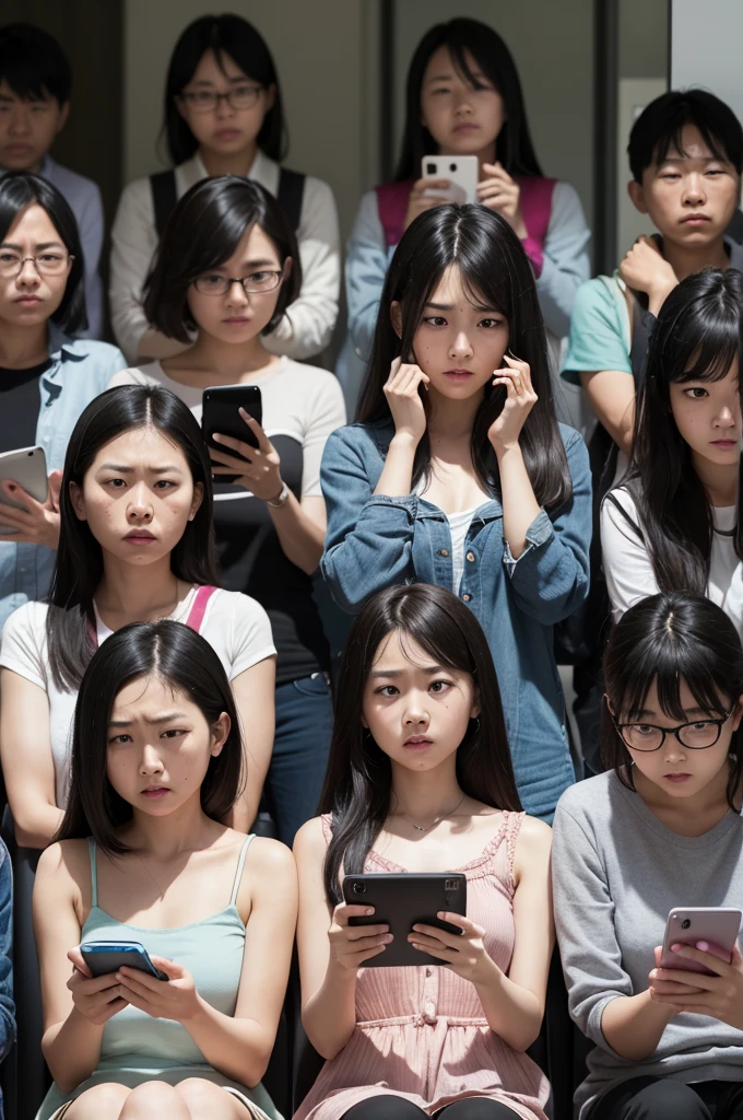 imageio: A group of people looking at their smartphones with worried expressions.