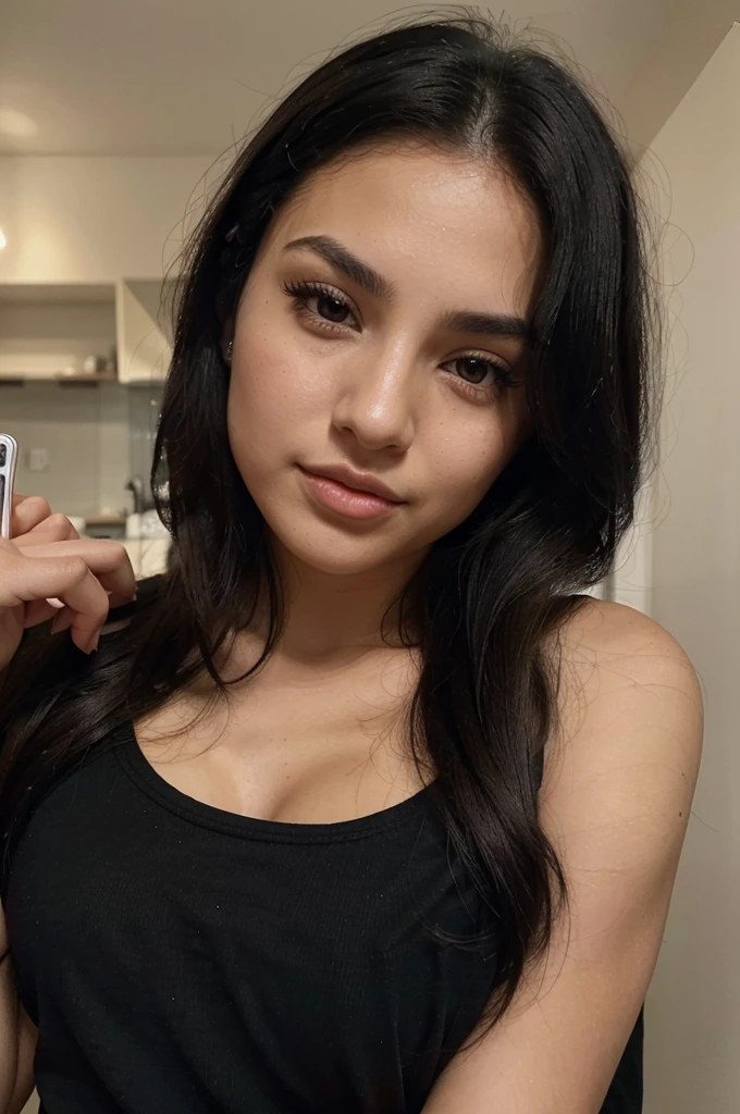 a magnificent young woman in her twenties, with Latino features. She has long, straight black hair that falls loosely over her shoulders. Her face has soft and balanced contours. She has large, well-defined dark brown eyes with long, thick eyelashes and well-arched black eyebrows. His nose is straight and slightly refined, proportionate to his face. Her lips are full and defined, with a natural color, and they are closed, contributing to her neutral expression. Her skin is matte, smooth and without visible imperfections. She is wearing a black t-shirt. She takes a selfie with an iPhone. She holds a small card clearly visible in her right hand.