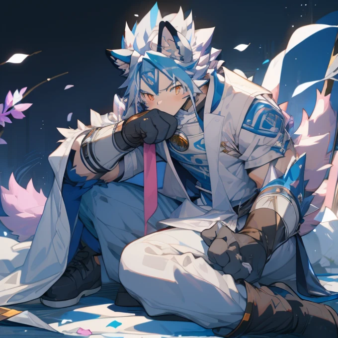 White hair，A little bit of pink，Nine-tailed fox beastman with light blue and lavender hair，White robe，White gauze outer，male，Nineteen years old，Wearing gloves on left hand，Black boots，Nobleman。