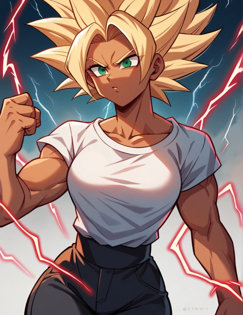 girl, alone, Saiyan, spiky red strong hair, green eyes, slim thin waist, wide hips, dark skin, medium breasts, white t-shirt, black pants, super saiyan, lightning , red lightning, red lightning , energy , ki energy, red energy, used energy to create a huge ball of energy with both hands attacking his opponent with his enormous energy
