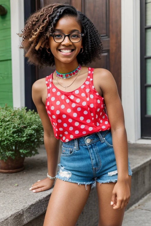 One thirteen years old androgynous girl, black , copper skin, black short curly hair, ((curly hair)), pixie cut, (shaved hair on the sides), colored highlights, blue highlights, green highlights, red highlights, purple highlights, one young girl, (cute), freckles, glasses, dark green eyes, cute pose, excited pose, dynamic pose, fun pose, smiling, in love, ((solo)), wearing a a neon polkadot shirt with rainbow suspenders and high-waisted shorts along with different color shoes, one red shoe and one blue shoe, chocker necklace, red and blue chocker necklace, clownpunk,