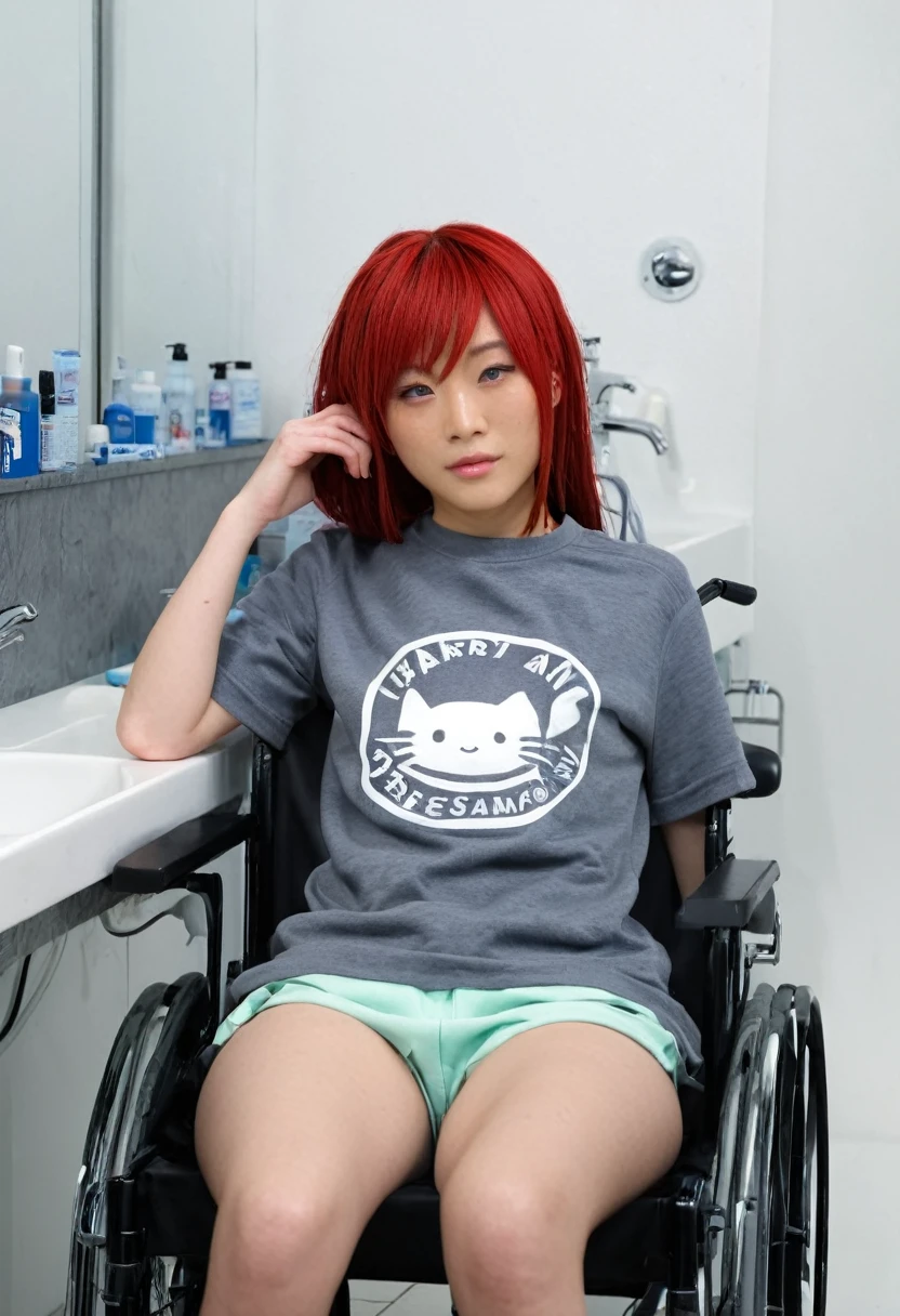 Uhd, photo of Cami, subject: Noriko, 1/2 Japanese 1/2 Hainu skinny girl in 2/00 a large wheelchair with wet long red hair and head resting on a Hairdressing Sink, shampoo foam, blue+++ eyes, oval face, LGBTQIA+, queer, punk style, wearing grey tracksuit treasures and black t-shirt, tattooes. Background: black hairdressers' studio.