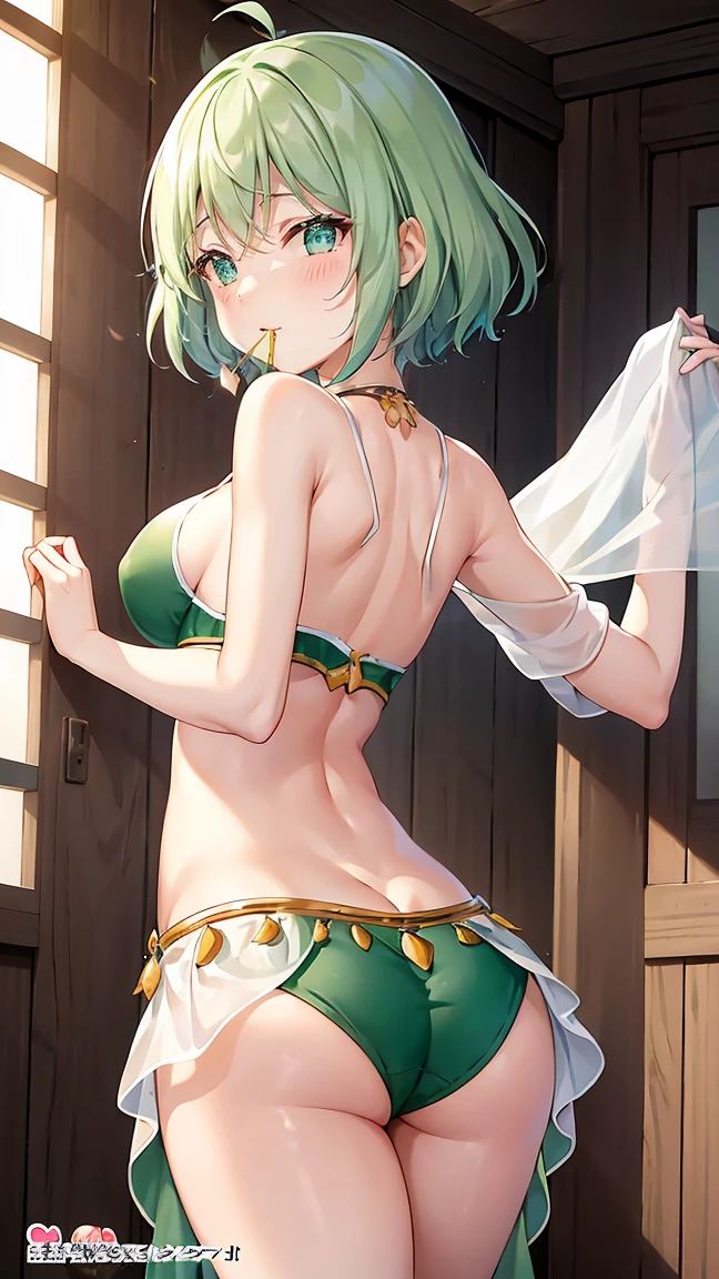 Girl with short green hair, Small breasts, Green Eyes, White Casual Beauty Special、((((Peachy Butt)))),The whole body from head to toe、(Belly dance)、Dancer、National costume、See-through、Angle Shot、Decoration、Luxury accessories、片足を軸にrotateして踊る、((Cover your mouth with a cloth))、Graceful dance、Captivating gestures、Elegant、Rotate、rotate、