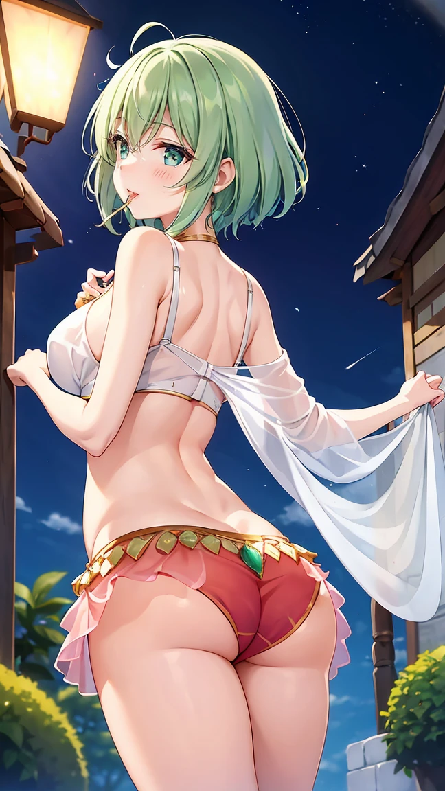 Girl with short green hair, Small breasts, Green Eyes, White Casual Beauty Special、((((Peachy Butt)))),The whole body from head to toe、(Belly dance)、Dancer、National costume、See-through、Angle Shot、Decoration、Luxury accessories、片足を軸にrotateして踊る、((Cover your mouth with a cloth))、Graceful dance、Captivating gestures、Elegant、Rotate、rotate、