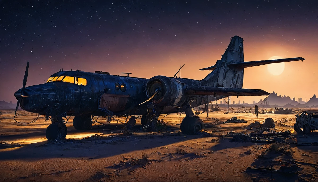 plane desert night city post apocalyptic