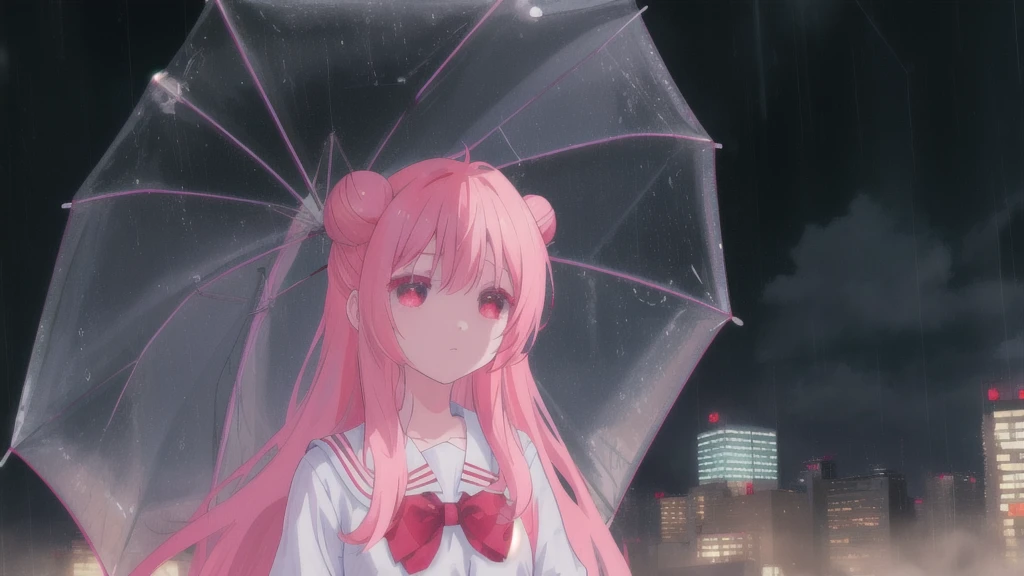 masterpiece, best quality, city background, rainy, 1girl, solo, upper body, bow, serafuku, satou, emotionless, expressionless, anime wallpaper 4k, detailed background, detailed hair