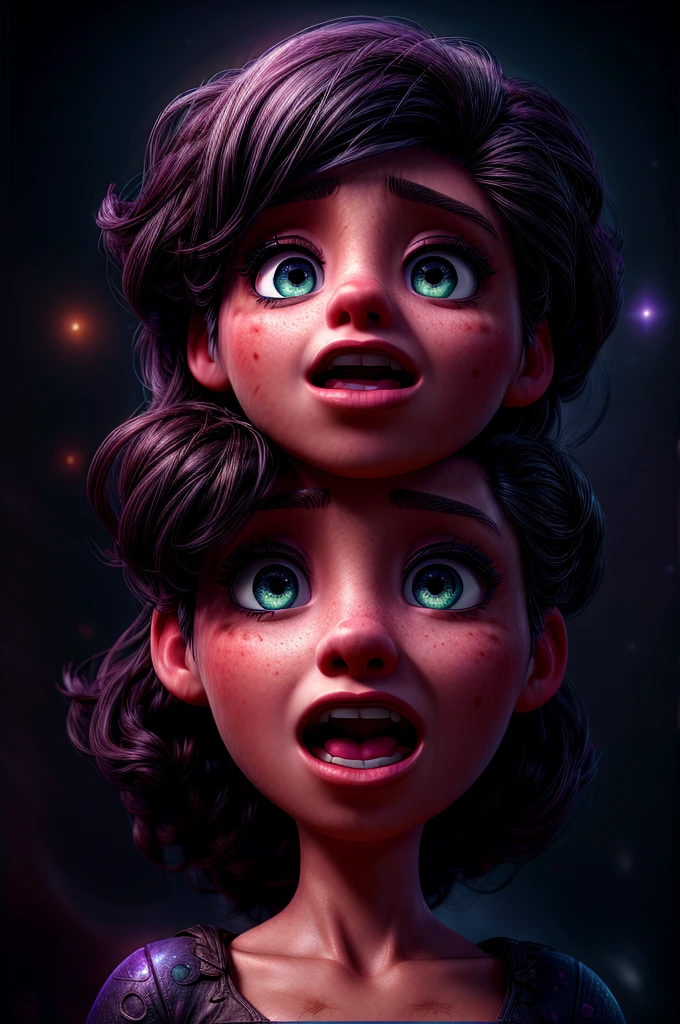 a woman screaming, detailed face, beautiful eyes, beautiful lips, cinematic lighting, dark background, vast galaxy space, nebula clouds, glowing stars, volumetric lighting, cinematic composition, digital painting, muted colors, dramatic atmosphere, masterpiece
