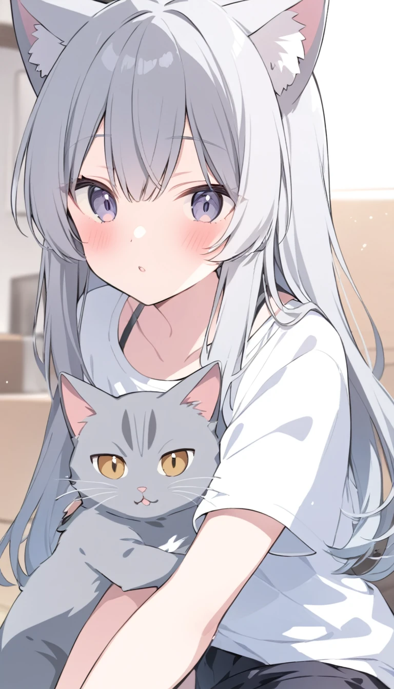 Gray haired cat girl with a cat&#39;s tail, Wearing a full white cat hat with a brim, White long sleeve, Light grey denim overalls, Long black gloves, Black long boots, Cute winking face, No human ears, Medium chest, Yellow Eyes, Wearing a black collar, On a full gray background, Strike a Pose