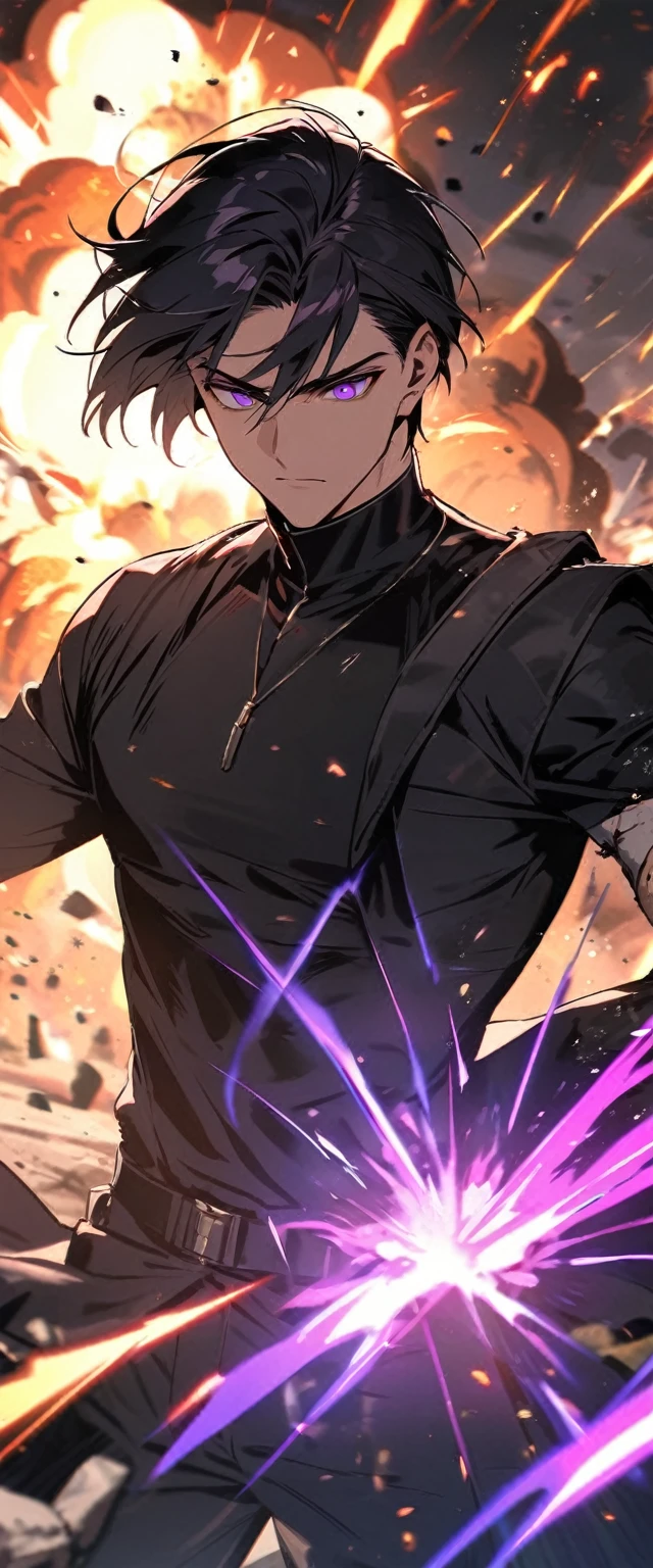 handsome, alone, 1 man, short hair, black hair, purple eyes, black shirt, black coat, Lots of power, explosion, broken arm.