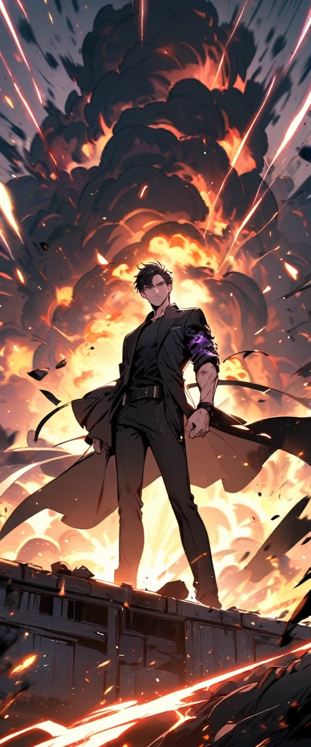 handsome, alone, 1 man, short hair, black hair, purple eyes, black shirt, black coat, Lots of power, explosion, broken arm.