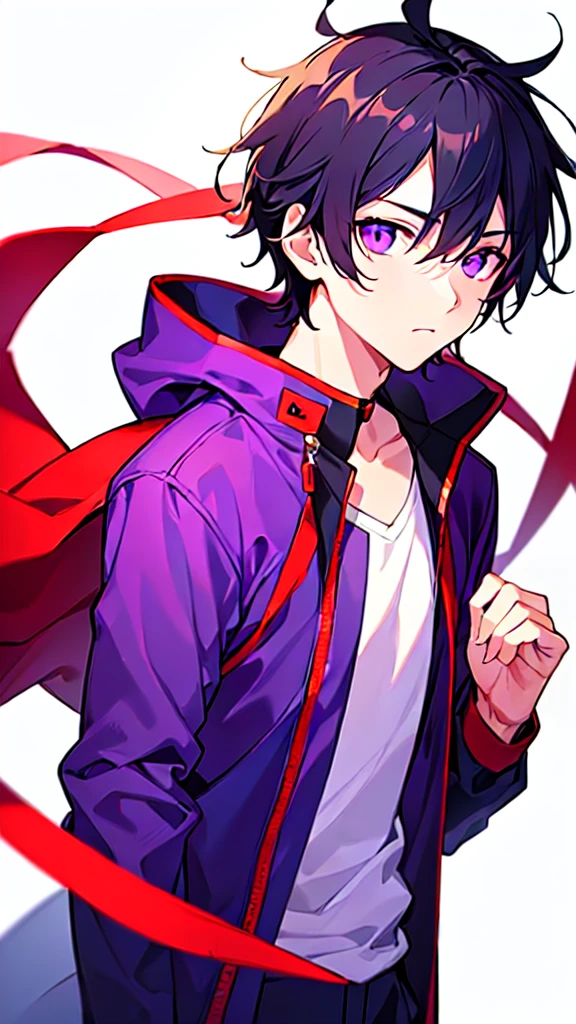 [(WHITE BACKGROUND:1.5),::5], ((((masterpiece)))), high quality, ultra very high resolution, full color, (((solo))), ((younger boy)), Black hair, (Purple eyes), anime, ((upper body)), red parka,