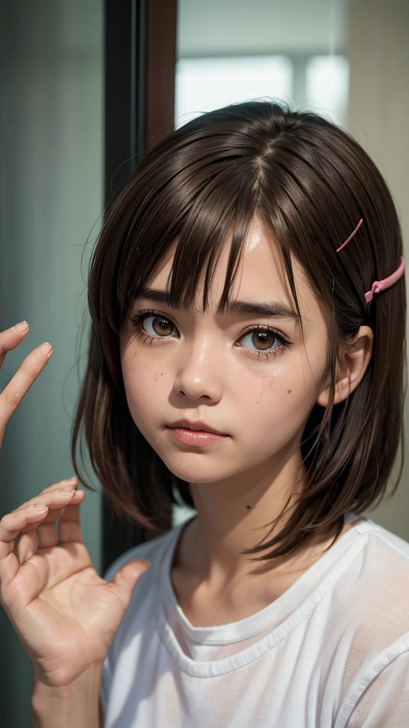 a cartoon girl that has mud all over her hands and face for some reason, and has a look of uncertainty on her face, against glass, hirasawa yui, 1girl, solo, brown hair, brown eyes, , sakuragaoka high , short hair, hairclip, hair ornament
