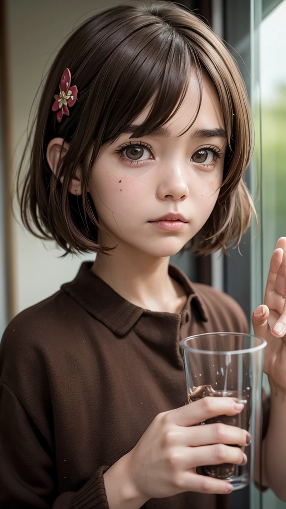 a cartoon girl that has mud all over her hands and face for some reason, and has a look of uncertainty on her face, against glass, hirasawa yui, 1girl, solo, brown hair, brown eyes, , sakuragaoka high , short hair, hairclip, hair ornament