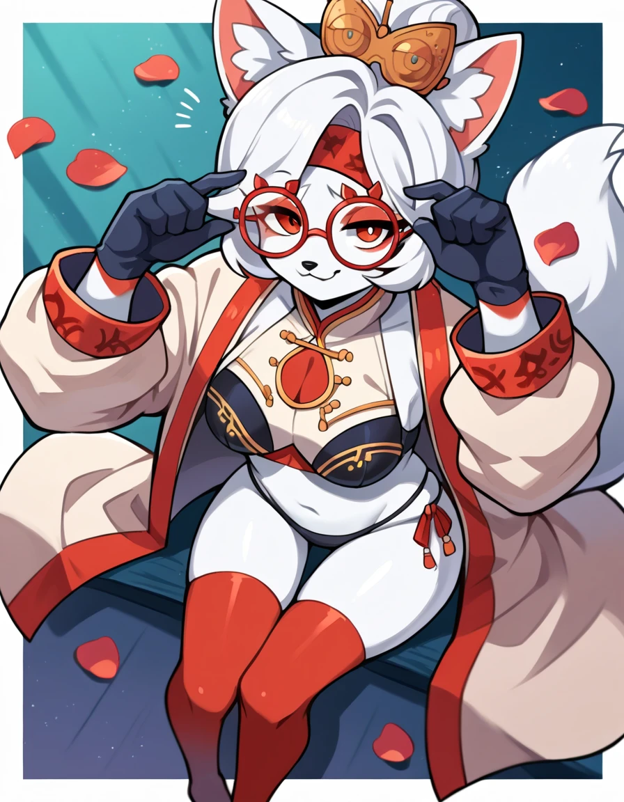 score_9, score_7_up score_6_up, score_5_up, source_furry, source_anime, BREAK Anthro, Anthro furry arctic fox, fox ears and tail, snout, one eye covered, purah,hair ornament, red headband, red glasses, white coat, black bra, black thong, red thigh highs, gloves,from above,looking at viewer,abstract background,flower petals,light particles,smug,closed mouth, adjusting her glasses 