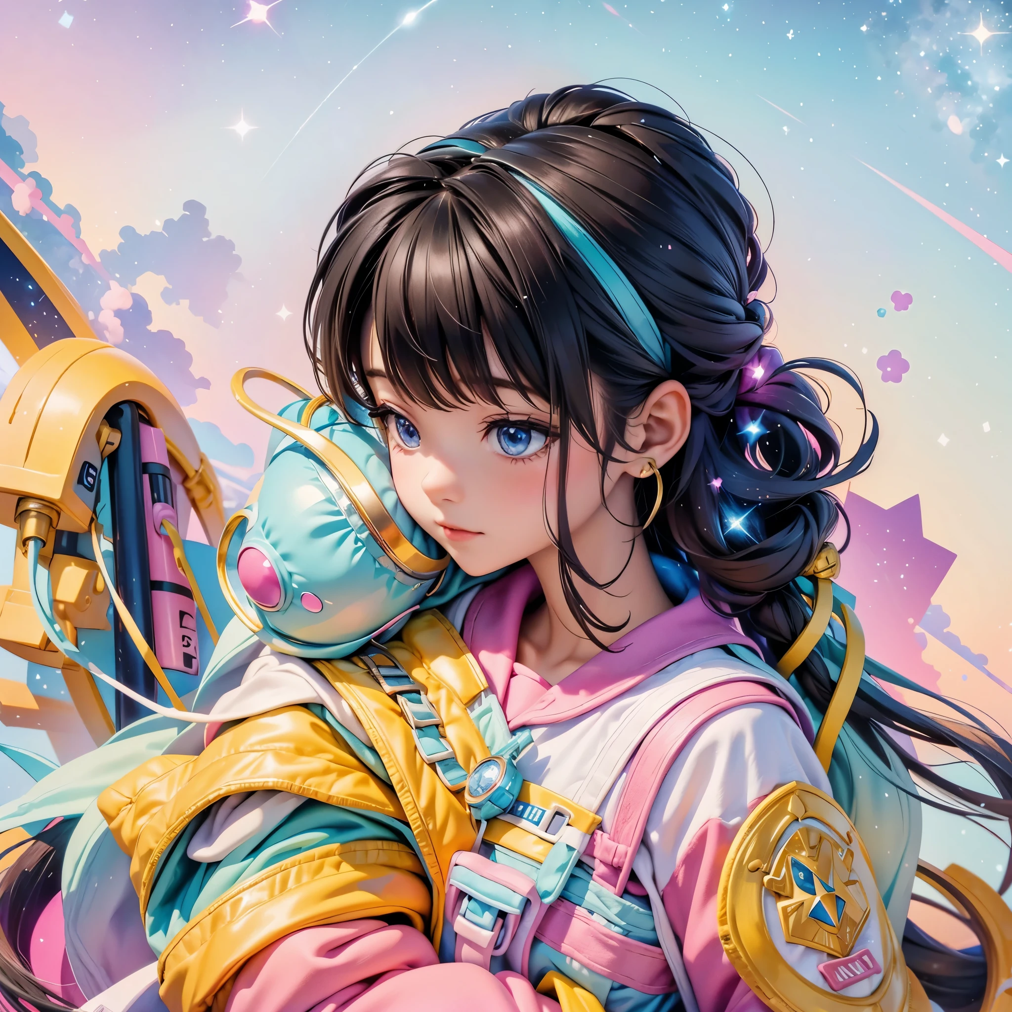 Young princess dreaming of nebula and galaxies, shooting stars, vibrant colors, night time sky background