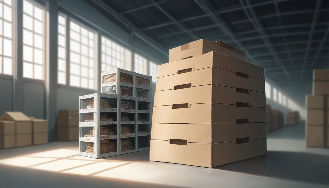 a photorealistic 3D render of a black Scania semi-truck, unloading large boxes in a warehouse using a Komatsu forklift, high detailed mechanical parts, excellent lighting, realistic textures, industrial environment, depth of field, cinematic composition