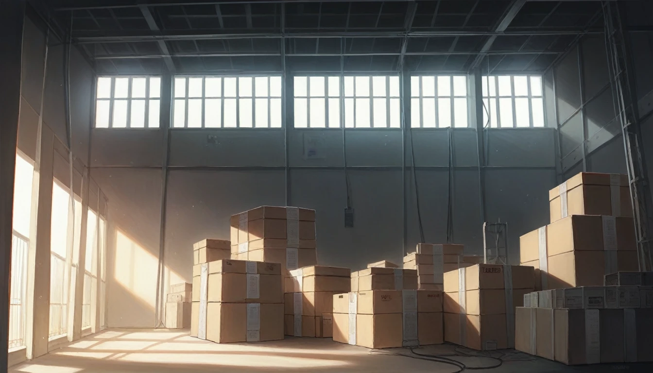 a photorealistic 3D render of a black Scania semi-truck, unloading large boxes in a warehouse using a Komatsu forklift, high detailed mechanical parts, excellent lighting, realistic textures, industrial environment, depth of field, cinematic composition