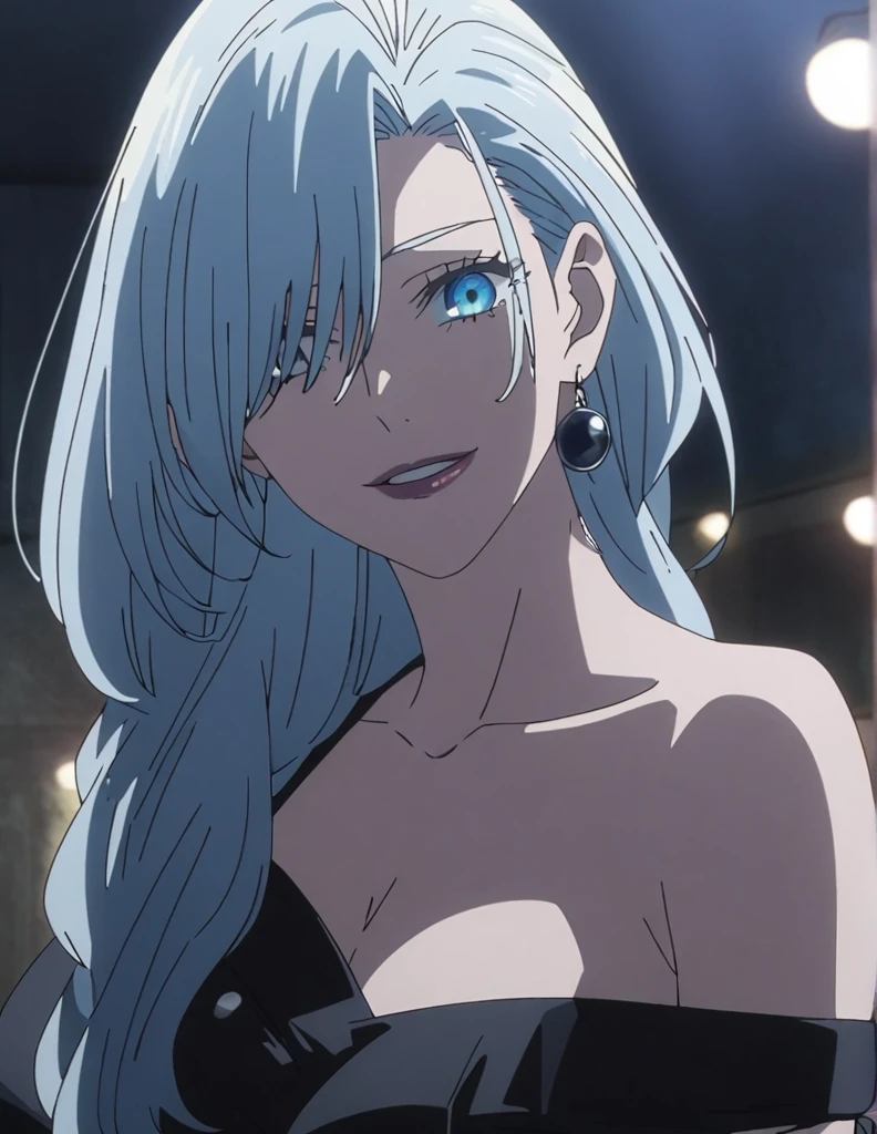 1girl, female gojo satoru, anime screencap from jujutsu kaisen, gojo satoru female version, solo, long_hair, ((Blue eyes, round sunglasses)) ((Silver_hair, hair over ear from one side))((slicked hair)) , night view, (hanging breasts) upper_body, smile,party hall, parted lips, (long hair) ((wearing black colour prom night outfit, off the shoulder)) breast, "very detailed and high resolution" (Blue eyes, round sunglasses) ((solo)) (((front view))) (earings) ((high resolution)) ((good quality)) ((silky hair, hair over ear from one side))((hair slicked)) ((parted lips)) ((shot from behind))