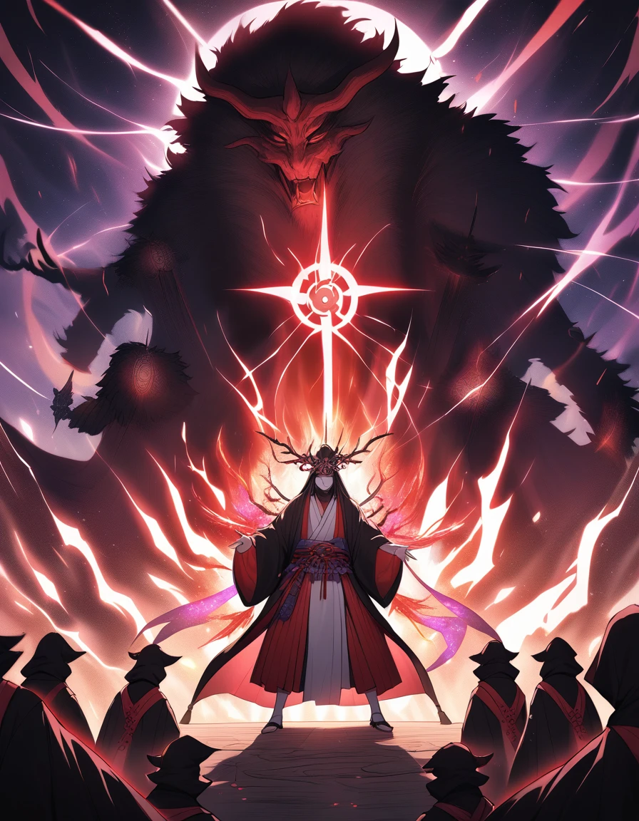 A dramatic scene featuring an Onmyoji (Japanese sorcerer) performing a powerful ritual to confront the demon. The Onmyoji is dressed in traditional robes, surrounded by mystical symbols and magical effects. The demon and the Onmyoji are engaged in an intense battle, with ancient spells and supernatural energy clashing in a vivid display of light and dark.