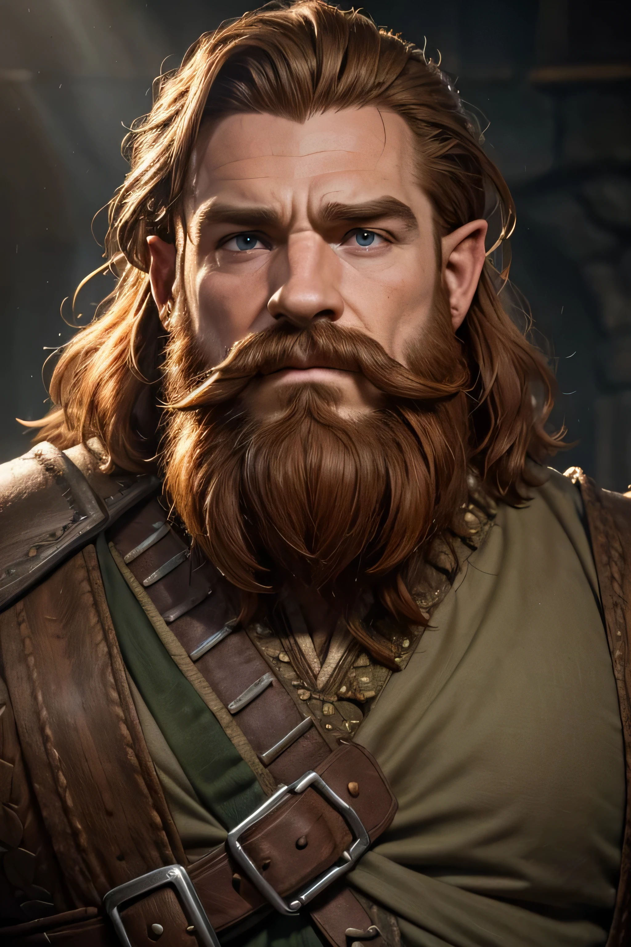 (8K, high definition, high quality, highly detailed) Handsome dwarf. hyper-masculine. square jaw. hunter eyes. gingerhead. full beard. thick mustache. headshot. wearing middle-earth tunic. looking away from the camera. dramatic lighting.