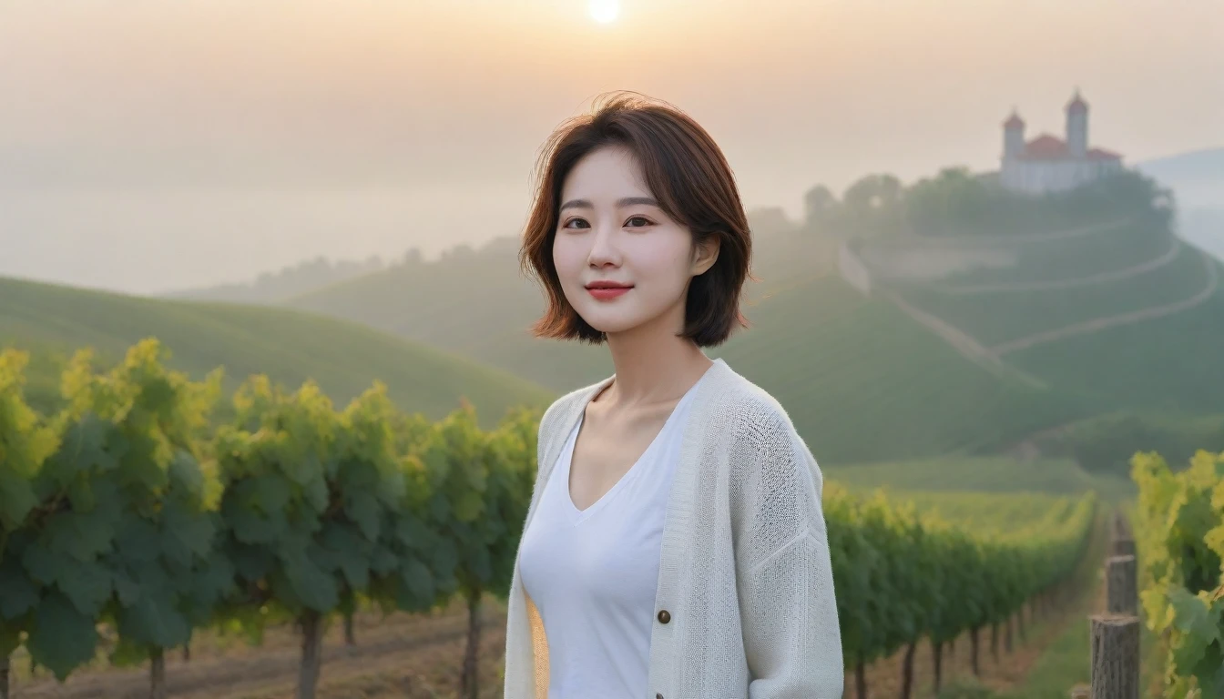 8k realistic, lifelike photo,, 36 year old Korean woman, Short in stature, pretty like a model. White shirt and short cardigan, casual pants, short medium hair, Smiley, Italy. vineyard, thick dawn fog. vineyard 멀리 짙은 안개 속으로 성당이 보인다. 1 woman, Short in stature, Excellent picture quality, The morning fog is thick, The picture quality is alive. Looking up the side, sunrise red light, Wide angle lens full body shot, A monastery can be seen in the distance, on the hill