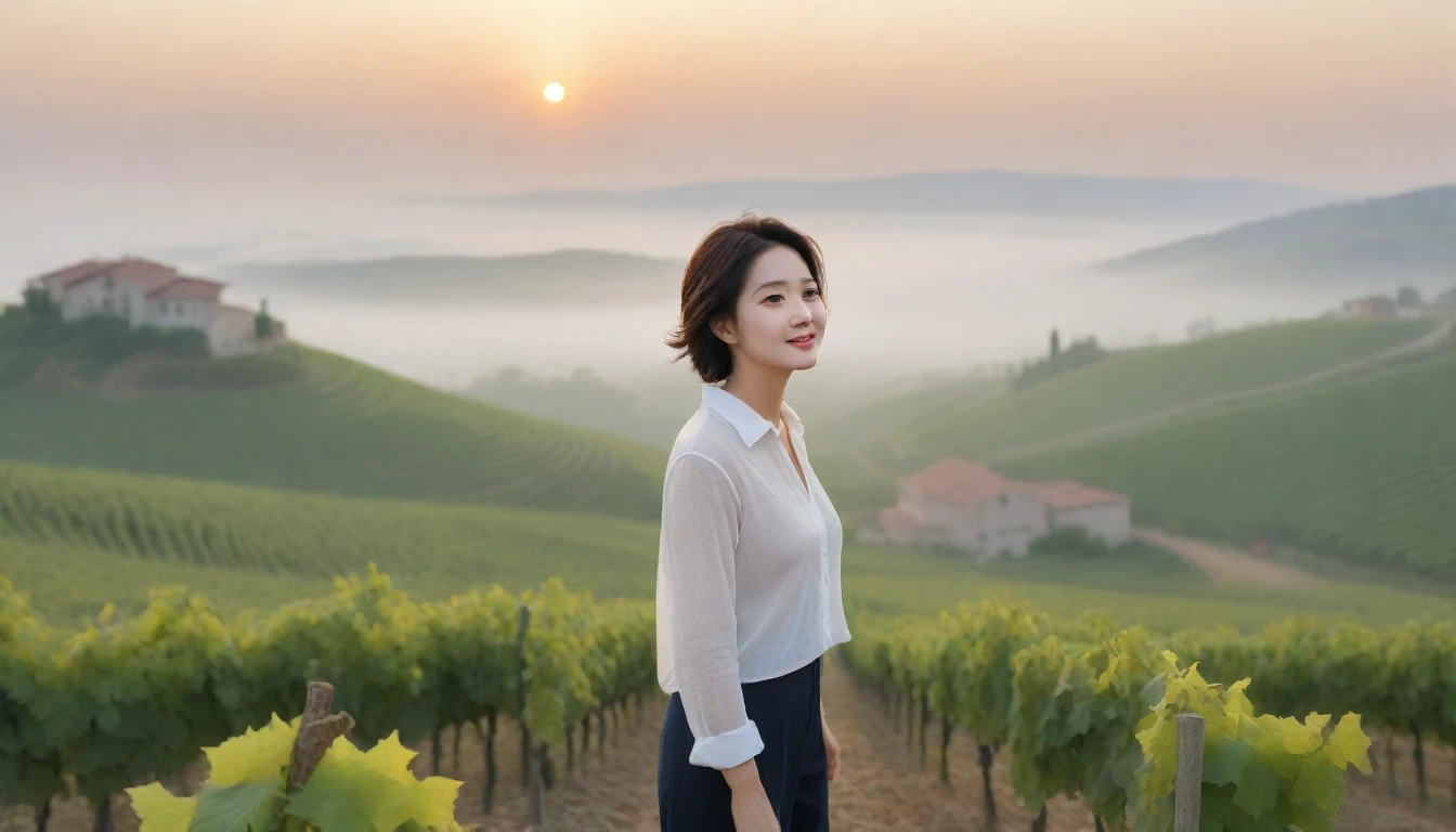 8k realistic, lifelike photo,, 36 year old Korean woman, Short in stature, pretty like a model. White shirt and short cardigan, casual pants, short medium hair, Smiley, Italy. vineyard, thick dawn fog. vineyard 멀리 짙은 안개 속으로 성당이 보인다. 1 woman, Short in stature, Excellent picture quality, The morning fog is thick, The picture quality is alive. Looking up the side, sunrise red light, Wide angle lens full body shot, A monastery can be seen in the distance, on the hill