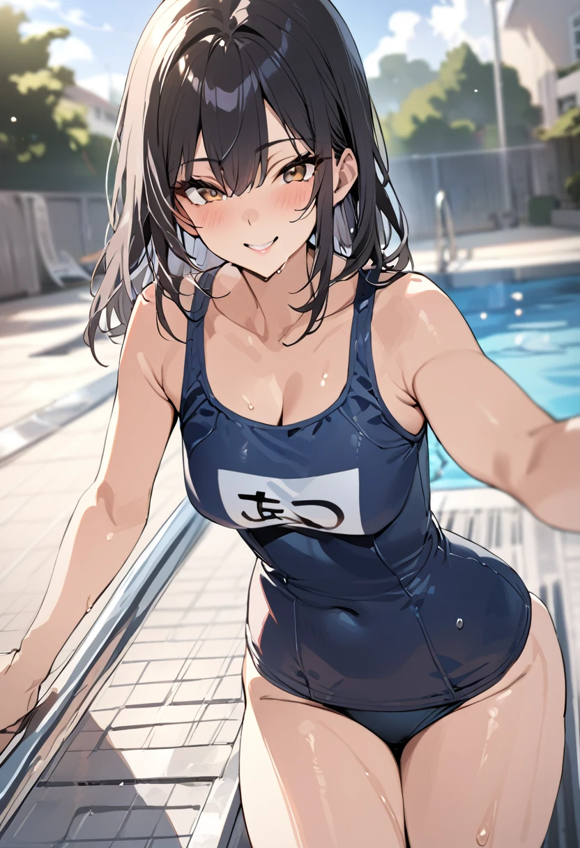 masterpiece, Highest quality, Girl,smile,School Swimsuit,Pool,Long black hair,Brown eyes,Stylish