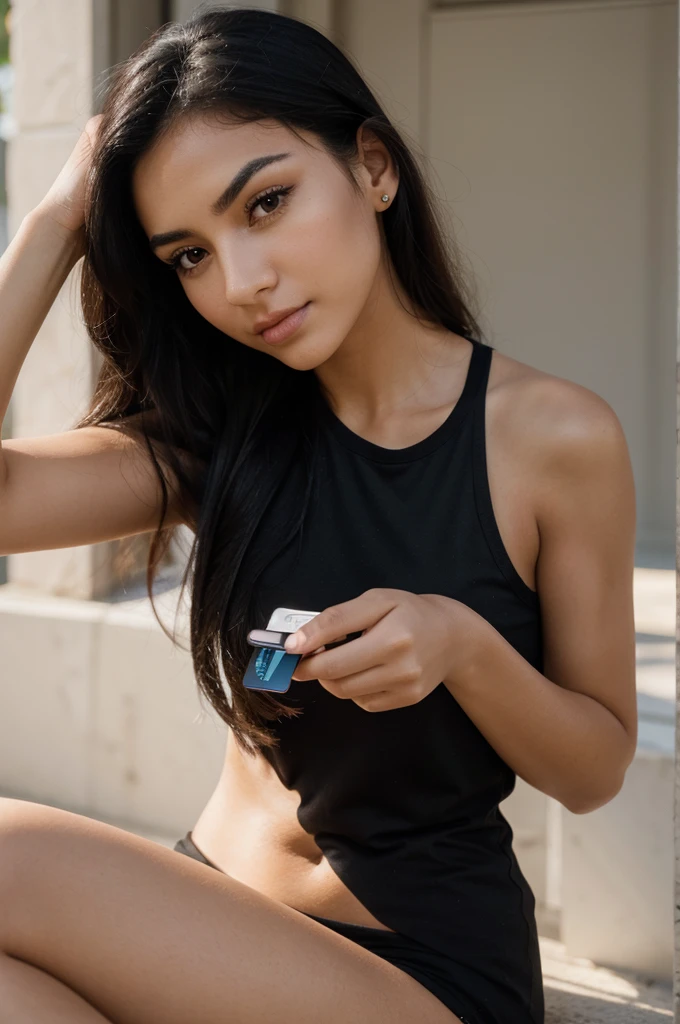 a magnificent young woman in her twenties, with Latino features. She has long, straight black hair that falls loosely over her shoulders. Her face has soft and balanced contours. She has large, well-defined dark brown eyes with long, thick eyelashes and well-arched black eyebrows. His nose is straight and slightly refined, proportionate to his face. Her lips are full and defined, with a natural color, and they are closed, contributing to her neutral expression. Her skin is matte, smooth and without visible imperfections. She is wearing a black t-shirt. She takes a selfie with an iPhone. She is holding a small credit card in her right hand.