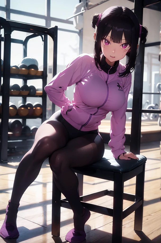 juri han beautiful young fitness com , in a gym wearing May with black pantyhose, tight white and purple gym jacket. standing alone,Beautiful Tits, low lighting,evil smile ,black leggings sitting on a chair,cross legs