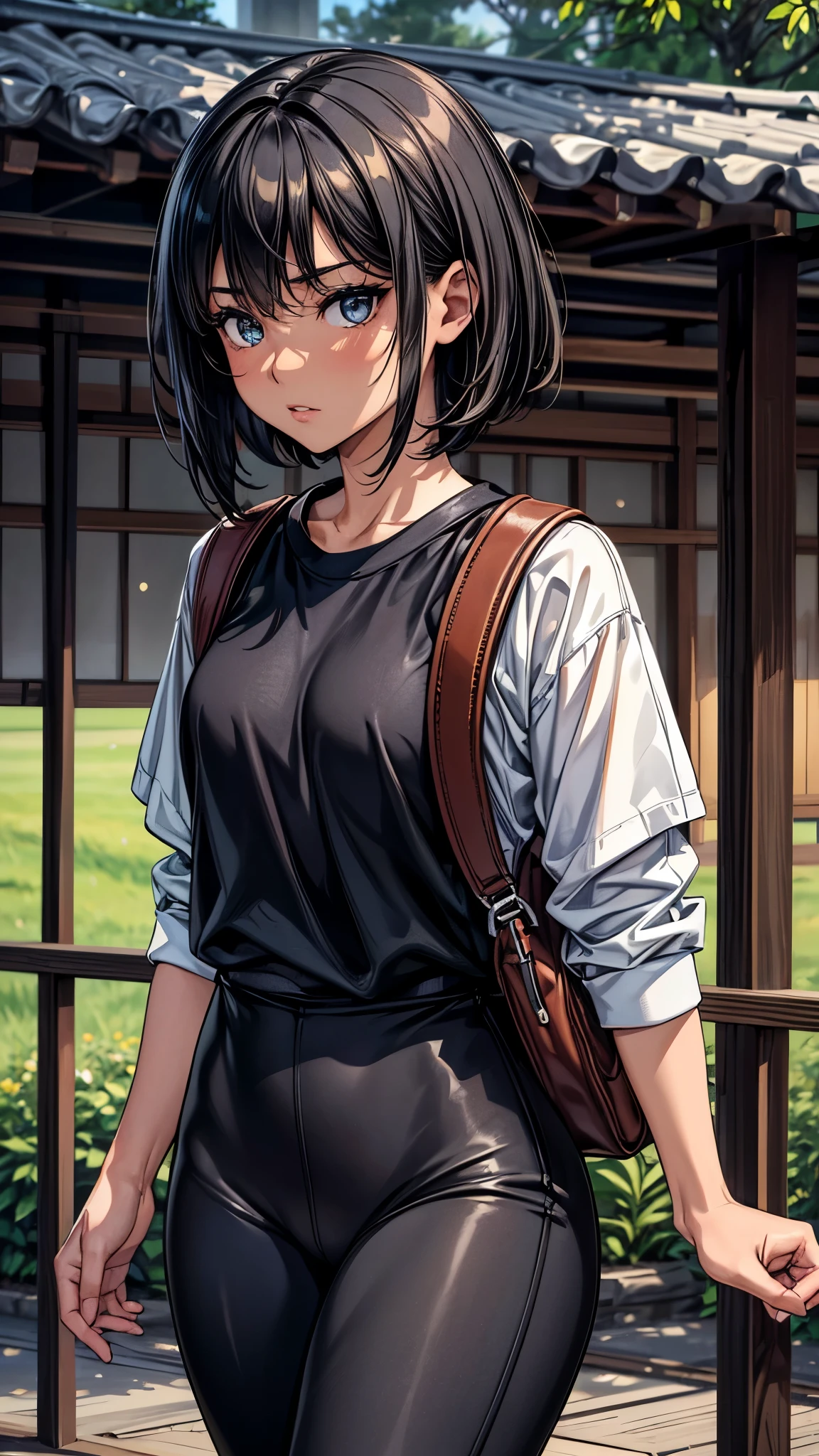 ((look away2.0)),((face close up)),beautiful detailed eyes, beautiful detailed lips, extremely detailed eyes and face, longeyelashes, 1 Japanese girl, outside the countryside,,((dark skin color2.0)), (very short black hair),displeased,casual ((dark blue Parker)),((short leggings)),white sneaker, rucksack, walk the countryside,best quality, 4k, 8k, highres, masterpiece:1.2, ultra-detailed, realistic, photorealistic, photo-realistic:1.37, HDR, UHD, studio lighting, ultra-fine painting, sharp focus, physically-based rendering, extreme detail description, professional, vivid colors, bokeh, portraits