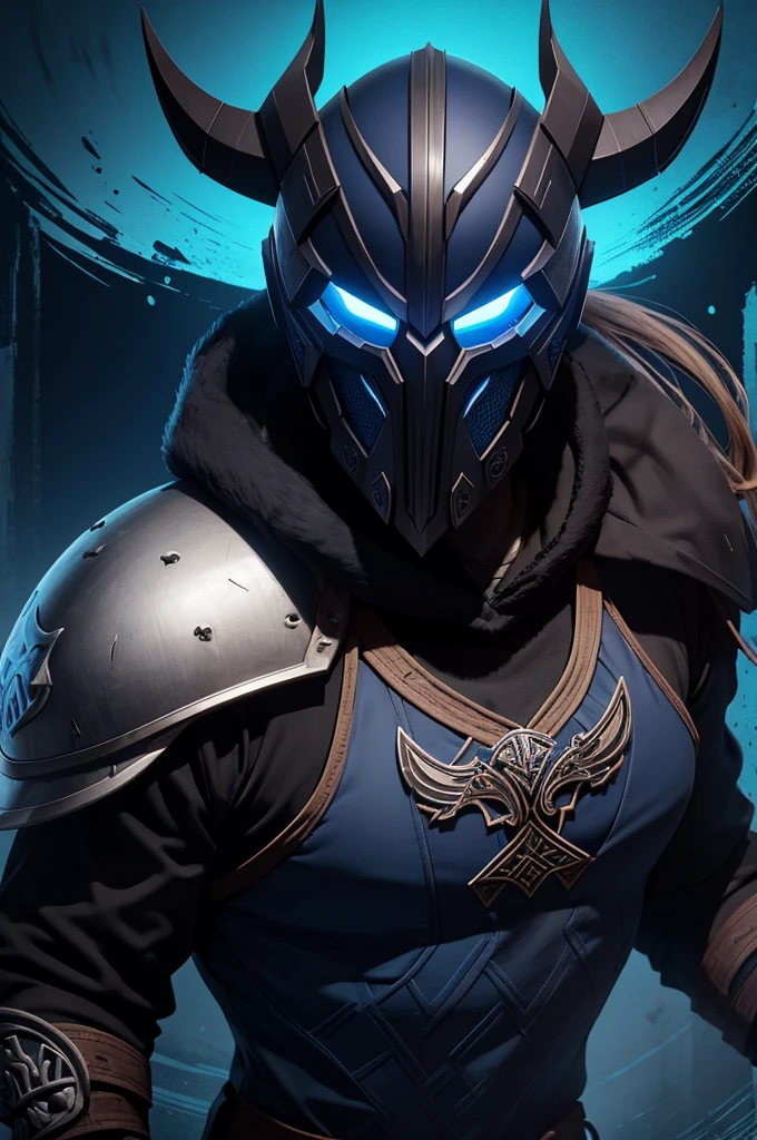 best quality, create a logo to use as the logo of your esports team with the Viking helmet theme in the dofital era, grimdark, without the black face and helmet appearing, blue background