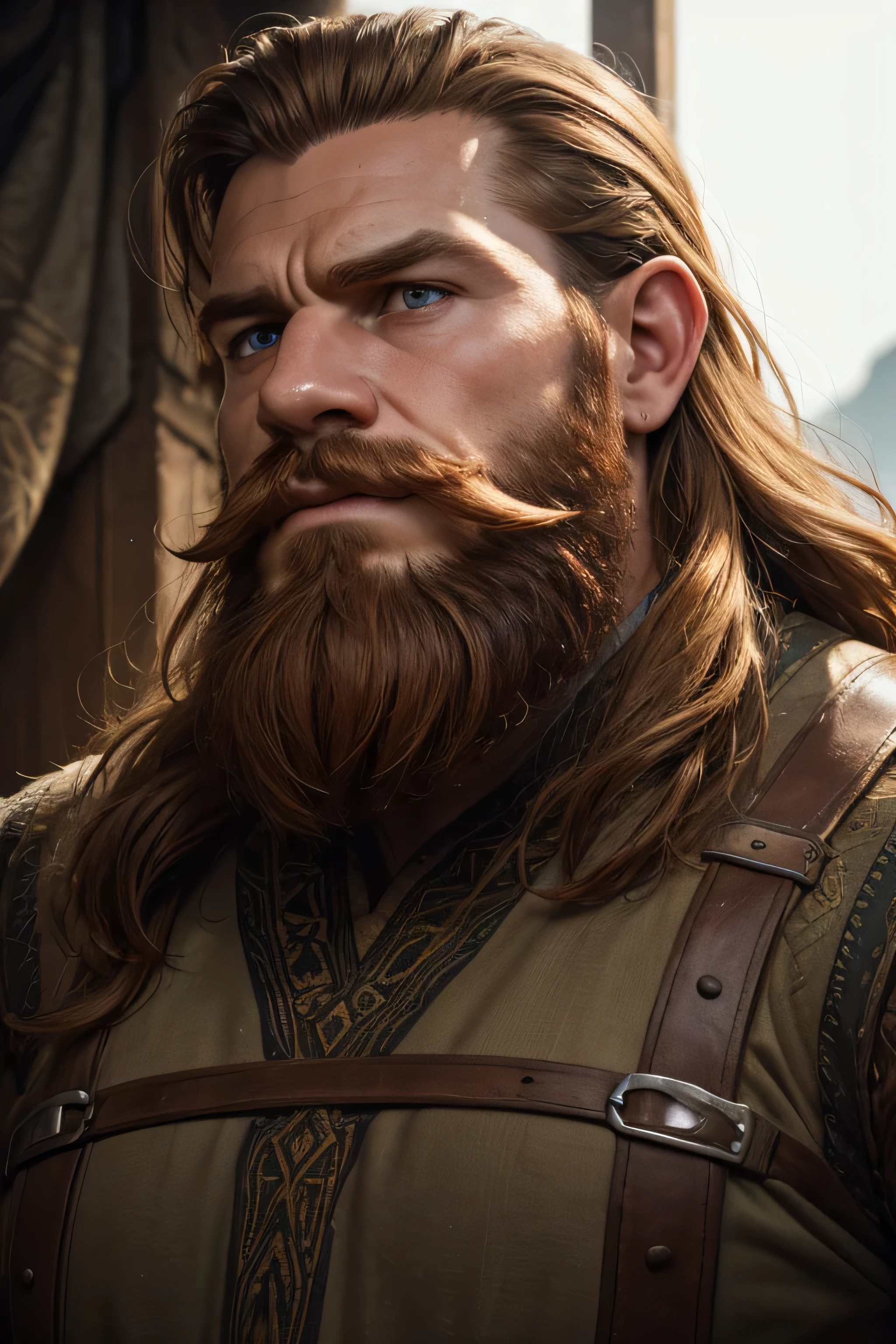 (8K, high definition, high quality, highly detailed) Handsome dwarf. hyper-masculine. square jaw. hunter eyes. gingerhead. full beard. thick mustache. headshot. wearing middle-earth tunic. looking away from the camera. dramatic lighting.
