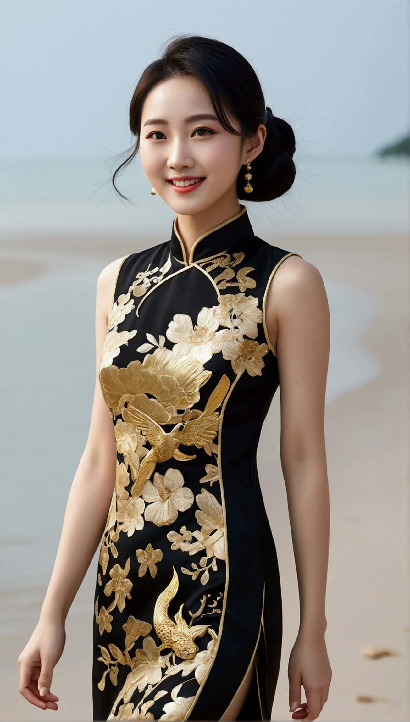 masterpiece,high quality,best quality,Exquisite facial features,Photo-real, A beautiful Chinese girl in a black and gold cutout outfit walks on the beach,qipao short,款式 黑色 长款尼龙连裤袜 腿部 whole body视图,whole body,Smiling and looking at the camera,photography. --There are 2:3-6.0