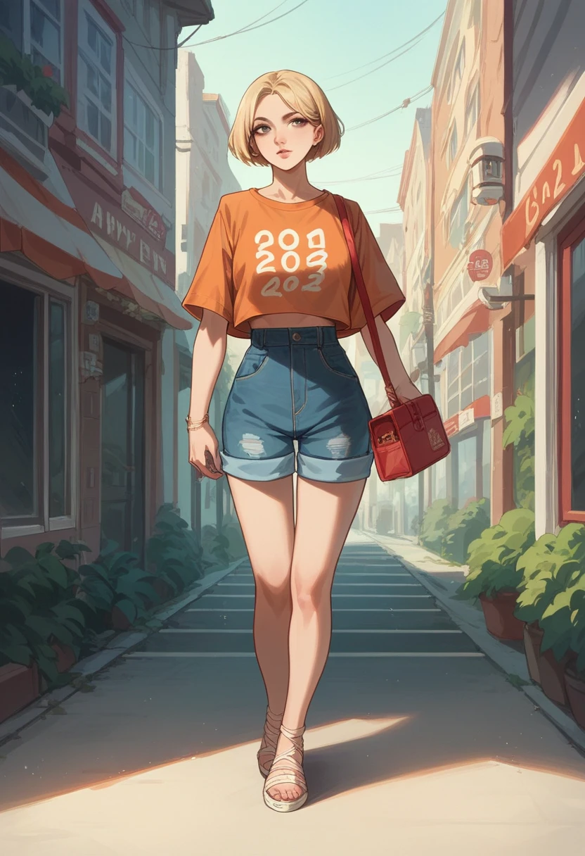 very beautiful 30 year old woman,full body standing forward wearing casual clothes, blonde short hair, short modern bob, influencer,