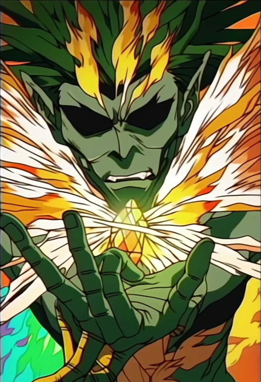 Non-human being with a slender and stealthy appearance, with a metallic green skin that reflects an emerald hue. Your eyes are bright yellow, and its body is covered in intricate patterns that resemble billowing green flames. Has long, thin fingers. strong and toned body. Trace of the image based on &#39;&#39;Jojo Bizarre Adventure&#39;&#39;