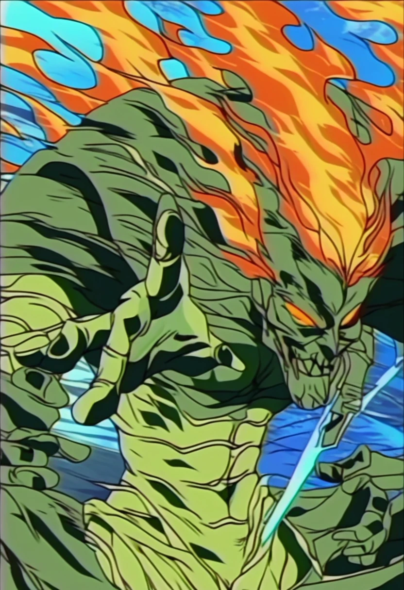 Non-human being with a slender and stealthy appearance, with a metallic green skin that reflects an emerald hue. Your eyes are bright yellow, and its body is covered in intricate patterns that resemble billowing green flames. Has long, thin fingers. strong and toned body. Trace of the image based on &#39;&#39;Jojo Bizarre Adventure&#39;&#39;