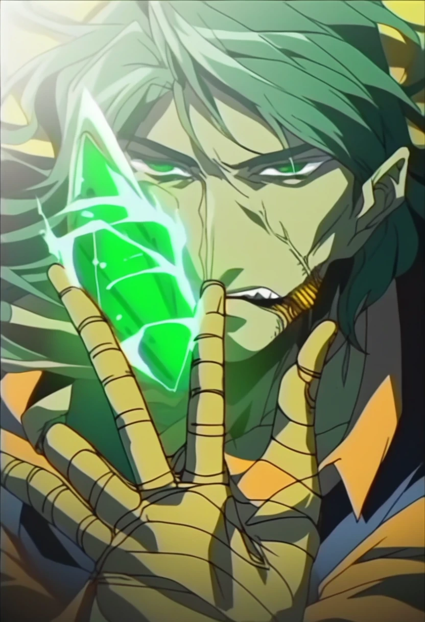 Non-human being with a slender and stealthy appearance, with a metallic green skin that reflects an emerald hue. Your eyes are bright yellow, and its body is covered in intricate patterns that resemble billowing green flames. Has long, thin fingers. strong and toned body. Trace of the image based on &#39;&#39;Jojo Bizarre Adventure&#39;&#39;