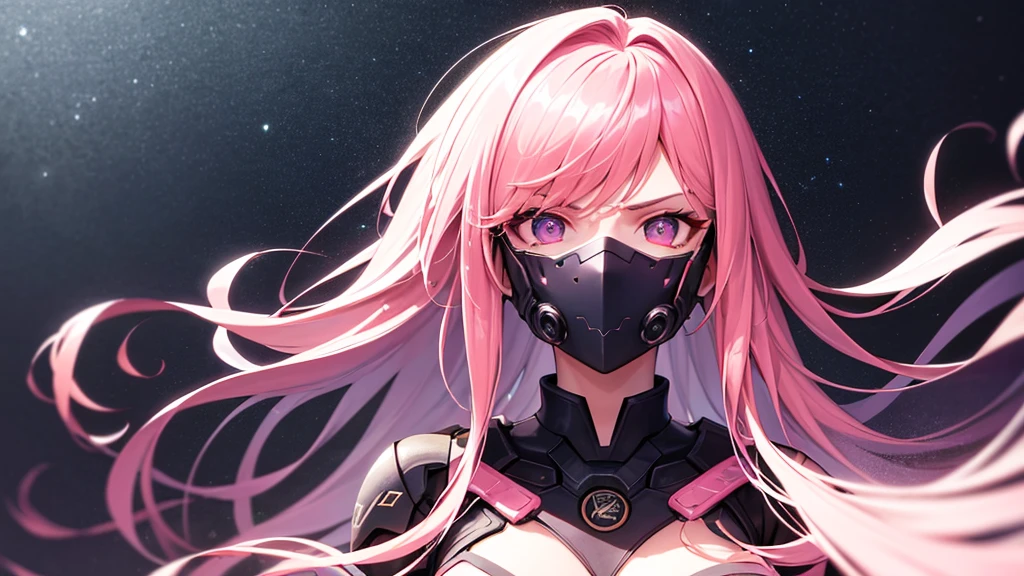 Highest quality, 8k, 4K, High resolution, High Contrast,1girl,only,Beautiful pink hair,Straight Long Hair,(Beautifully detailed face),Purple clear eyes,Upper Eye, Moderate breasts,20generation, Serious face, Battle Suit, Beautiful night view