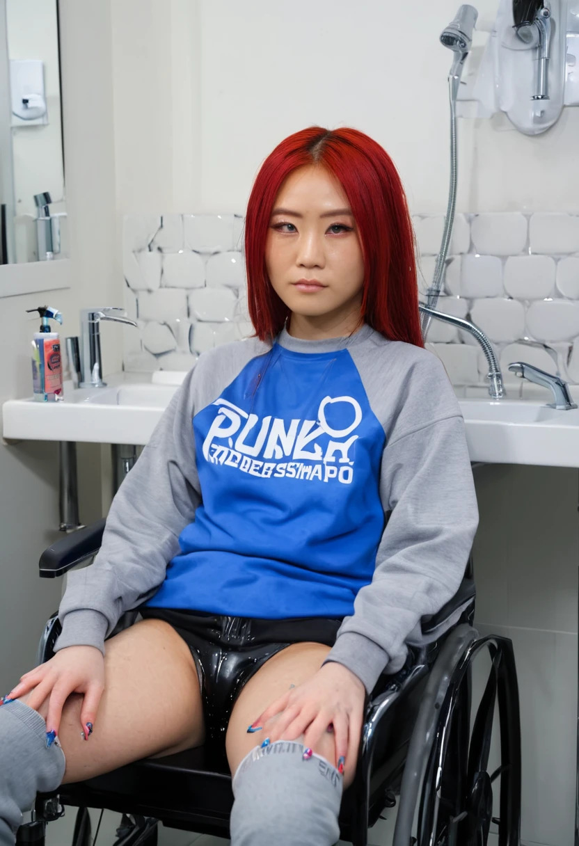 Uhd, photo of Cami, subject: Noriko, 1/2 Japanese 1/2 Hainu skinny girl in 2/00 a large wheelchair with wet long red hair and head resting on a Hairdressing Sink, shampoo foam, blue+++ eyes, oval face, LGBTQIA+, queer, punk style, wearing grey tracksuit treasures and black t-shirt, tattooes. Background: black hairdressers' studio.
