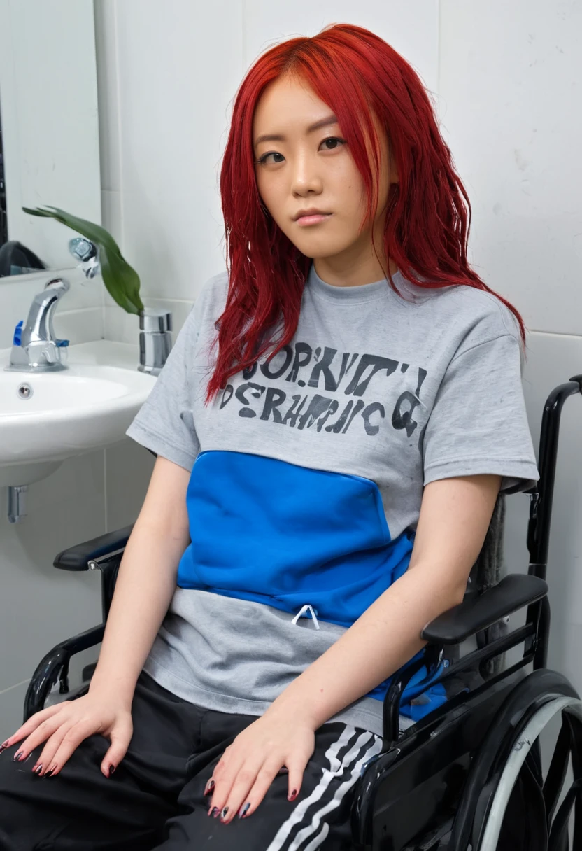 Uhd, photo of Cami, subject: Noriko, 1/2 Japanese 1/2 Hainu skinny girl in 2/00 a large wheelchair with wet long red hair and head resting on a Hairdressing Sink, shampoo foam, blue+++ eyes, oval face, LGBTQIA+, queer, punk style, wearing grey tracksuit treasures and black t-shirt, tattooes. Background: black hairdressers' studio.