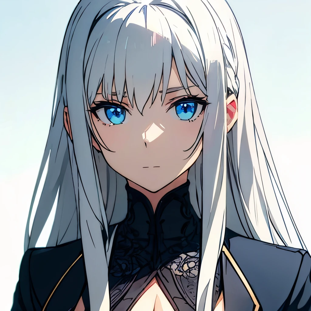 big tits,  1girl, at school, white background, silver hair, blue eyes, emotionless, detailed face, view at camera, school unifom, upperbody, shot from far, half body