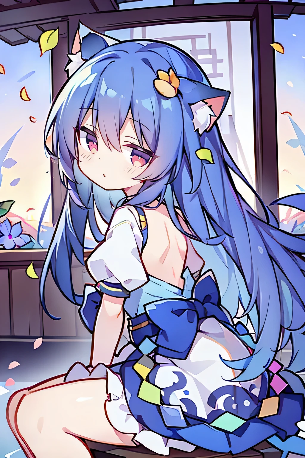 （masterpiece：1.2），Super detailed，lifelike，Expressive eyes，fair skin，perfect face shape，1 girl，
Japanese comics,Gorgeous blue hair,flowing blue hair,flowing clothes,Cat ears,Petals fall,beautiful lola,Baby Angel,
Shaking head with one hand，Cross your legs，，The pavilion is cool and comfortable,smile,back views,sunrise,Petals fall