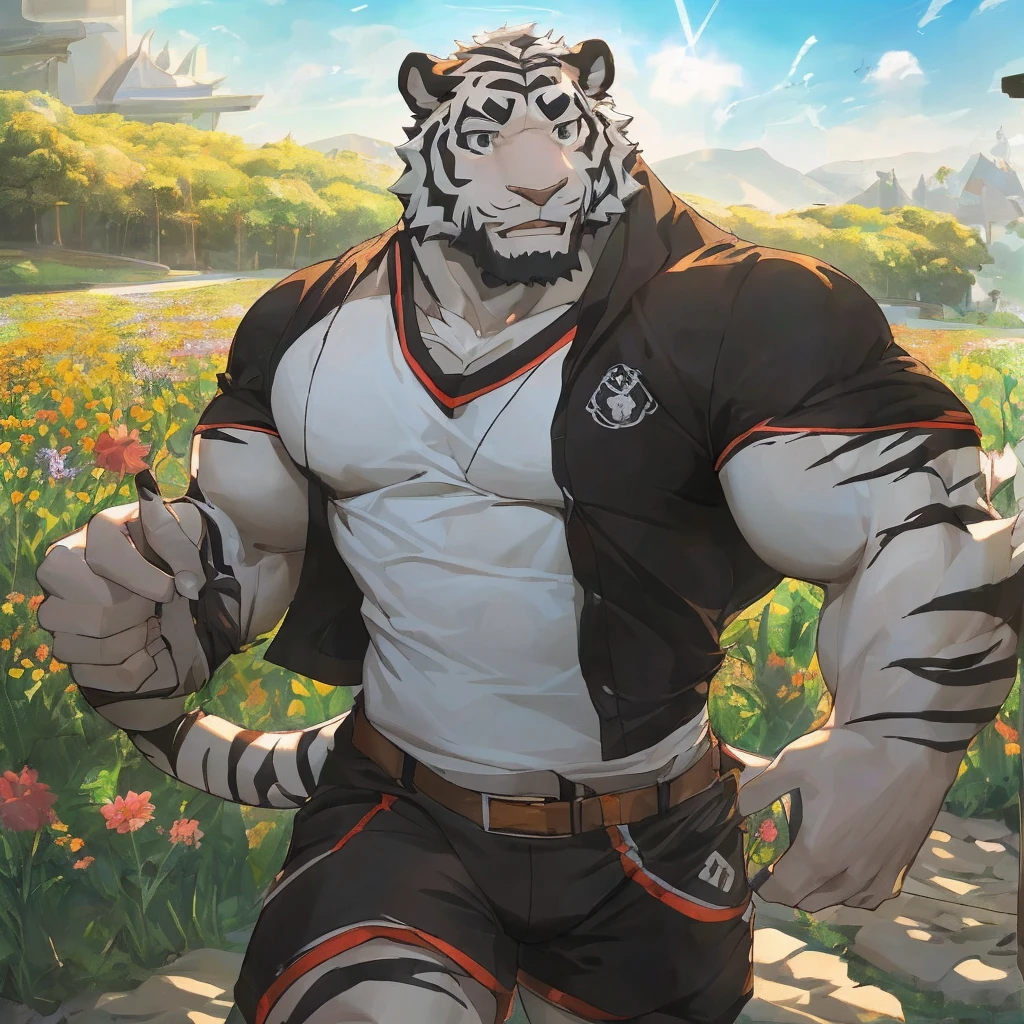 masterpiece,best quality,outdoor，Sunlight，noon，Flower Field，plant，Male focus，White tiger-type orcs，(Sporty:1.5), (White fur,Black eyebrows:1.5), Onyx-like eyes，Black pupils，Black Nose，Five fingers，Strong body，Tiger Teeth，Pectoralis major，Eight-pack abs，Unbutton your clothes，Showing chest muscles，belt