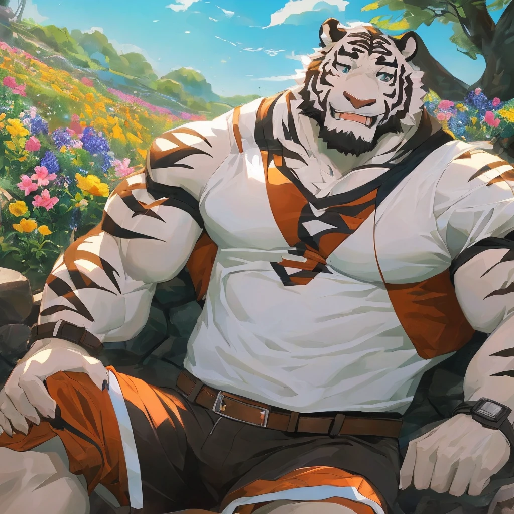 masterpiece,best quality,outdoor,Sunlight,noon,Flower Field,plant,Male focus,White tiger-type orcs,(Sporty:1.5), (White fur,Black eyebrows:1.5), Onyx-like eyes,Black pupils,Black Nose,Five fingers,Strong body,Tiger Teeth,Pectoralis major,Eight-pack abs,Unbutton your clothes,Showing chest muscles,belt