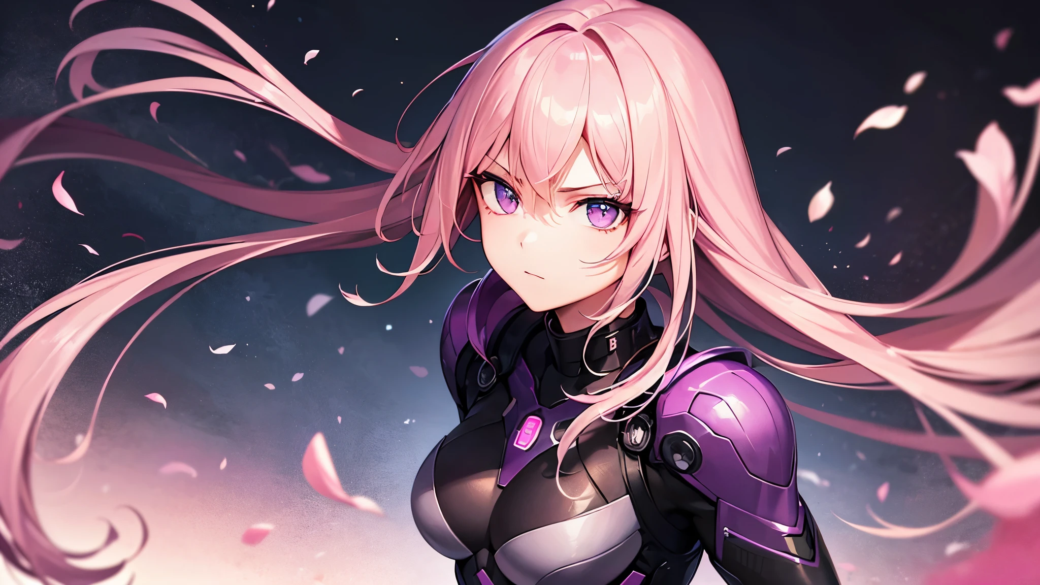 Highest quality, 8k, 4K, High resolution, High Contrast,1girl,only,Beautiful pink hair,Straight Long Hair,(Beautifully detailed face),Purple clear eyes,Upper Eye, Moderate breasts,２０generation, Serious face, Battle Suit, Beautiful night view