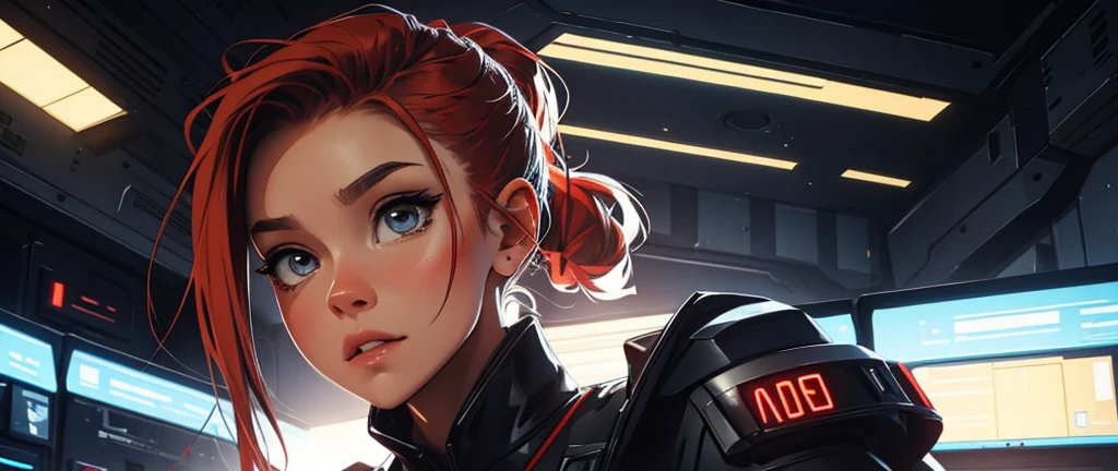 ponytail, red hair, portrait, light vintage red color hair, scientist character, female, super strong, female, silver clothing, cyberpunk female, short blonde hair, portrait, in a spaceship hangar, a female in a sci-fi jumpsuit with led lights making shapes, she has short light hair, big eyes, silver clothing. big breast
